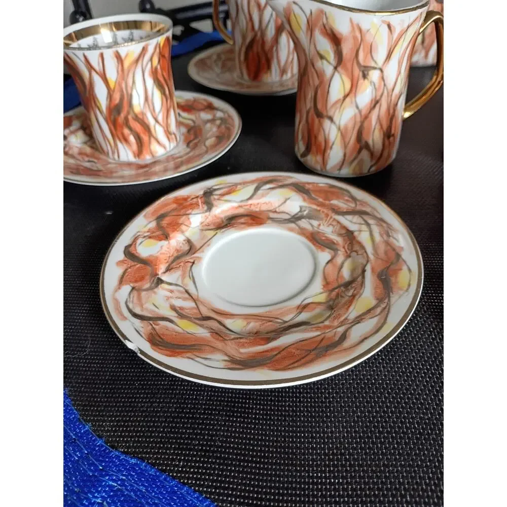 Vintage Włocławek Poland 17 Pc Porcelain Tea Coffee Set Abstract Flame Gold Trim